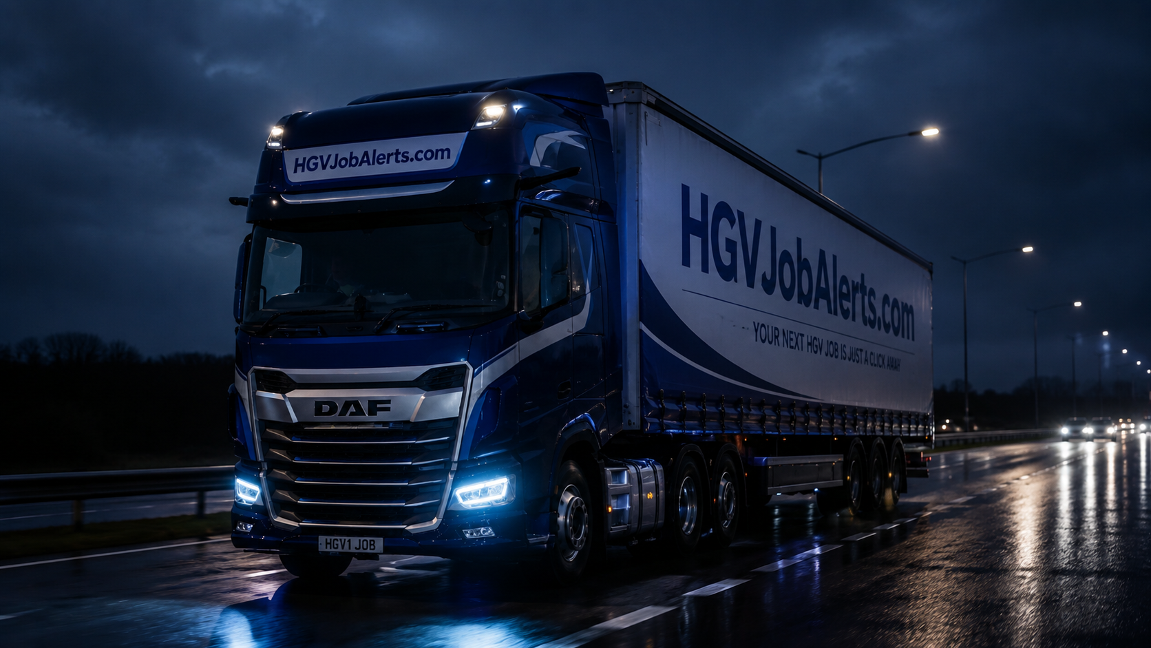 Articulated HGV lorry driving on a UK motorway at night